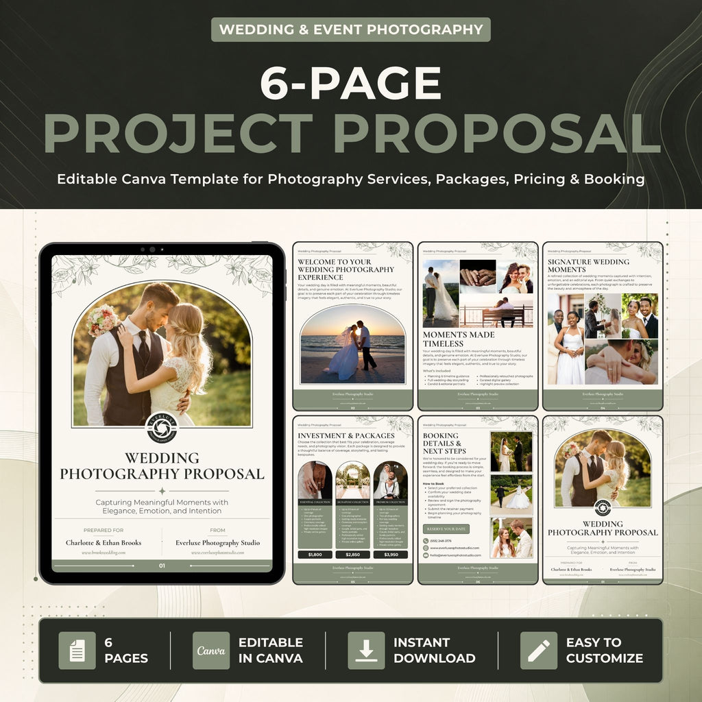 A promotional graphic for a wedding photography project proposal template, showing a large preview of a single-page layout and five additional page thumbnails on a dark green and beige background. Text reads '6-PAGE PROJECT PROPOSAL' and 'Editable Canva Template for Photography Services, Packages, Pricing & Booking.
