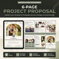 A promotional graphic for a wedding photography project proposal template, showing a large preview of a single-page layout and five additional page thumbnails on a dark green and beige background. Text reads '6-PAGE PROJECT PROPOSAL' and 'Editable Canva Template for Photography Services, Packages, Pricing & Booking.
