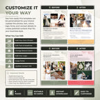 A promotional graphic for a customizable Canva wedding memory book template, showing before-and-after layout examples, a list of editable features, and a summary of package details on a dark background.
