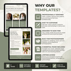 Promotional infographic for Canva website templates, showing two tablet mockups with sample booking and investment pages alongside a list of benefits such as professional design, easy customization, and lifetime access.
