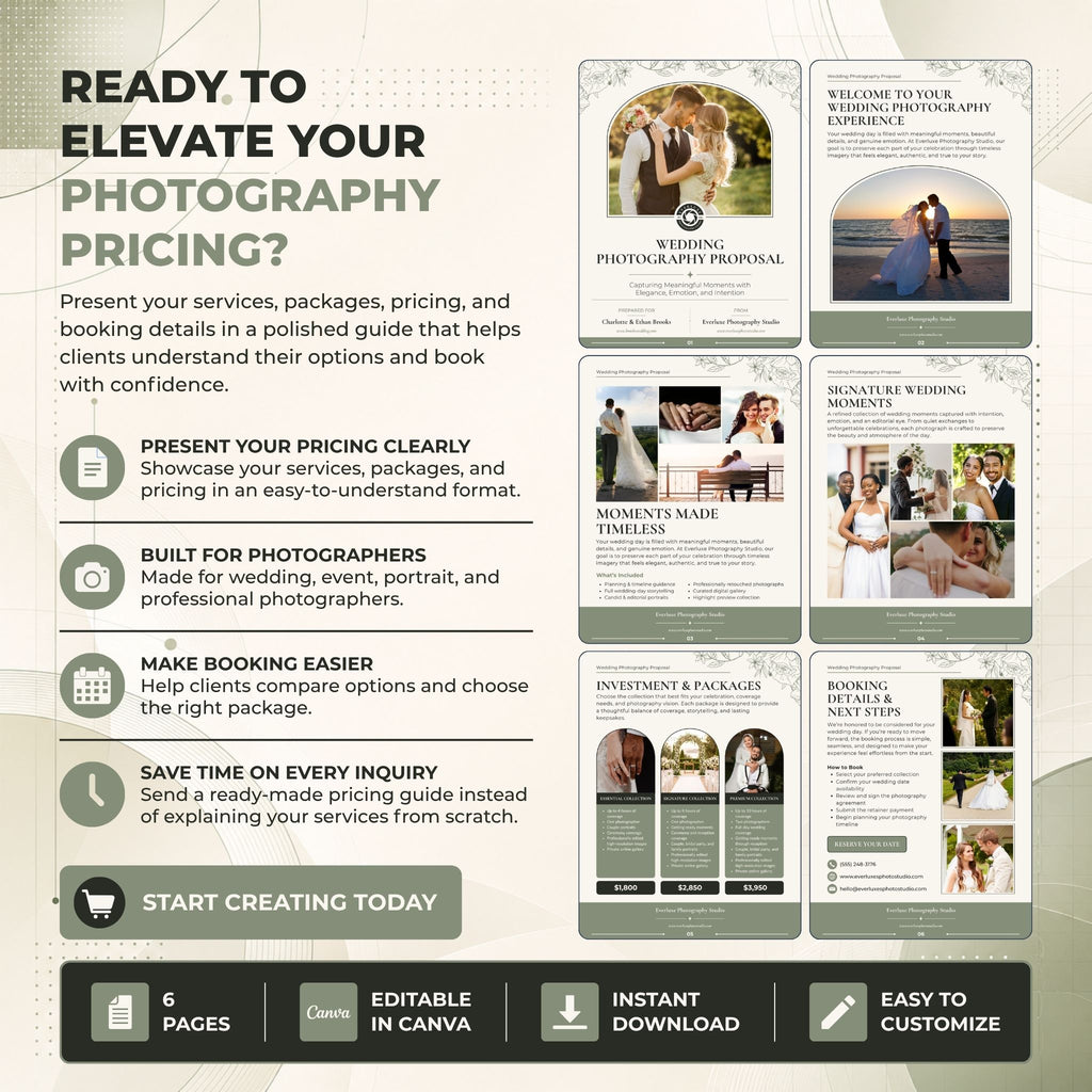 A promotional graphic for a photography pricing and booking template bundle. The left side features marketing text and icons on a beige background, while the right side displays multiple preview pages of wedding photography proposal, itinerary, and booking templates.
