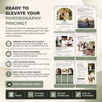 A promotional graphic for a photography pricing and booking template bundle. The left side features marketing text and icons on a beige background, while the right side displays multiple preview pages of wedding photography proposal, itinerary, and booking templates.
