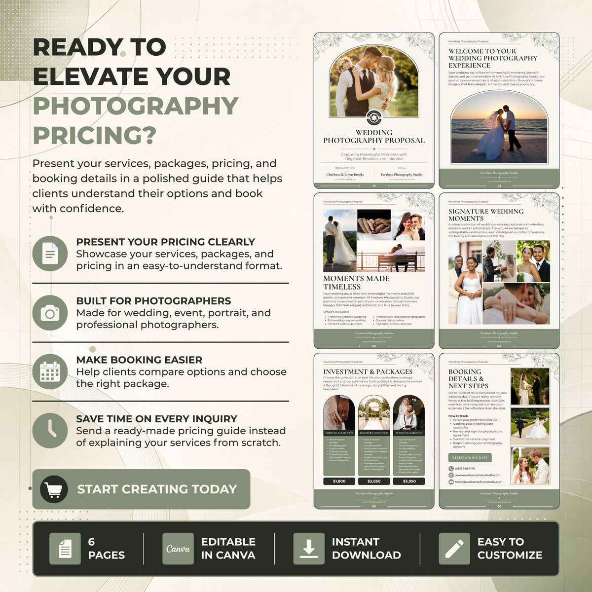 A promotional graphic for a photography pricing and booking template bundle. The left side features marketing text and icons on a beige background, while the right side displays multiple preview pages of wedding photography proposal, itinerary, and booking templates.

