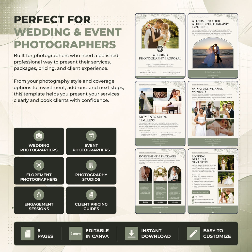 A promotional graphic for a wedding and event photography template bundle. The layout features multiple mockup pages of proposal, itinerary, highlights, and thank you templates on the right, alongside feature callouts and icons on the left and bottom.
