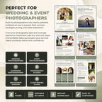 A promotional graphic for a wedding and event photography template bundle. The layout features multiple mockup pages of proposal, itinerary, highlights, and thank you templates on the right, alongside feature callouts and icons on the left and bottom.
