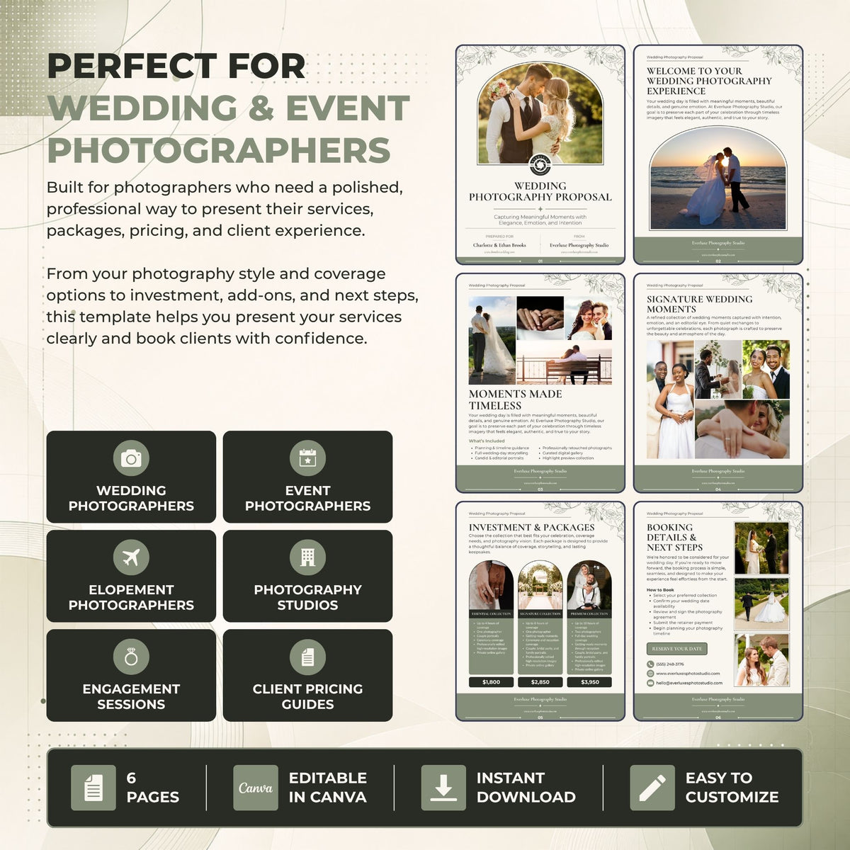 A promotional graphic for a wedding and event photography template bundle. The layout features multiple mockup pages of proposal, itinerary, highlights, and thank you templates on the right, alongside feature callouts and icons on the left and bottom.
