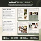 A promotional graphic for a wedding photography proposal template package, titled 'WHAT'S INCLUDED'. The design features a dark green header and footer with white text, surrounded by a light beige background.
