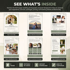 A promotional graphic for a wedding photography proposal template, showing a 'See What's Inside' overview with six page previews and feature icons at the bottom. The design uses a neutral beige, sage green, and dark gray color palette with placeholder wedding photos.

