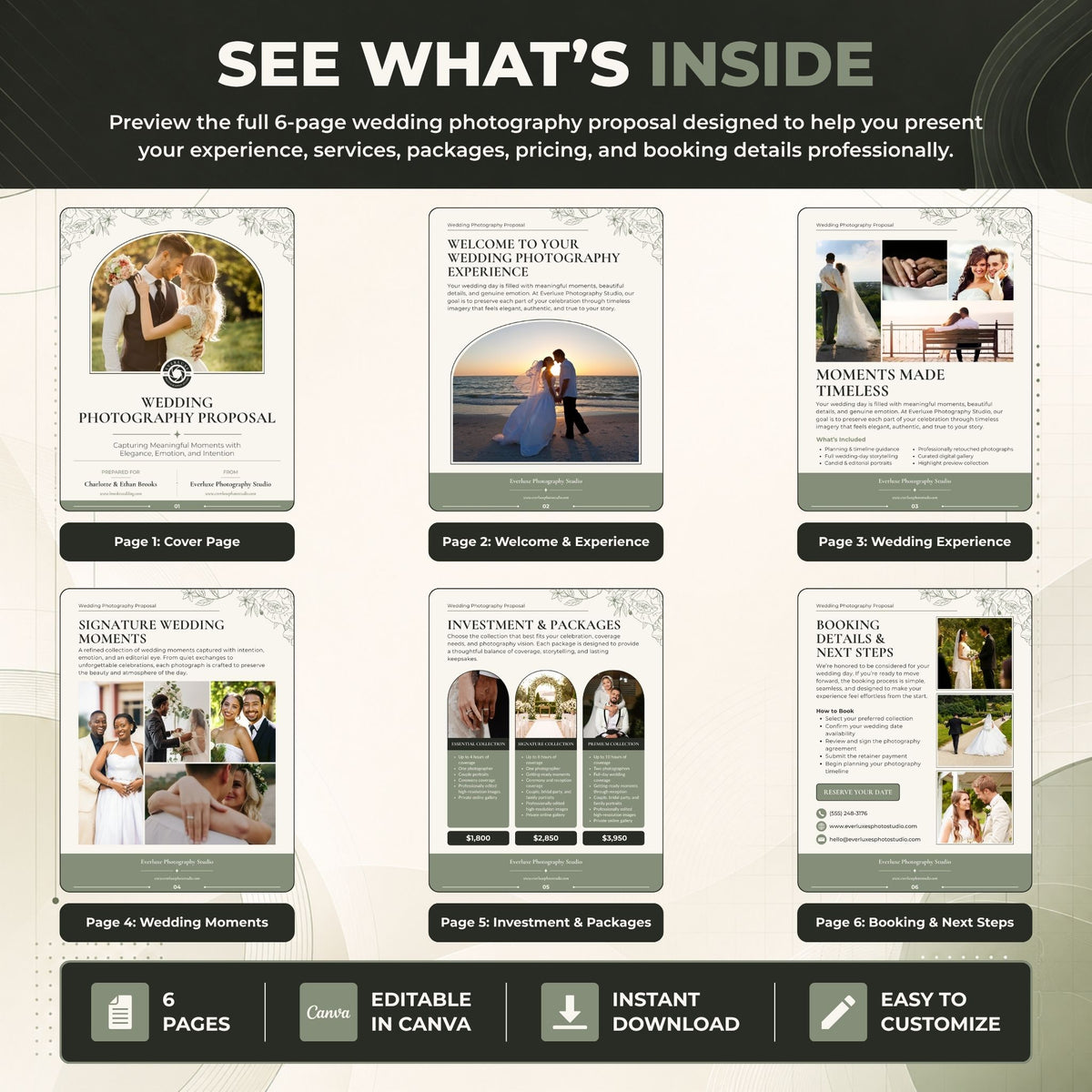 A promotional graphic for a wedding photography proposal template, showing a 'See What's Inside' overview with six page previews and feature icons at the bottom. The design uses a neutral beige, sage green, and dark gray color palette with placeholder wedding photos.
