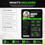 What’s included in the fitness creator media kit Canva template, showing the editable one-page design, instant digital download, lifetime template access and customization features alongside a tablet preview.